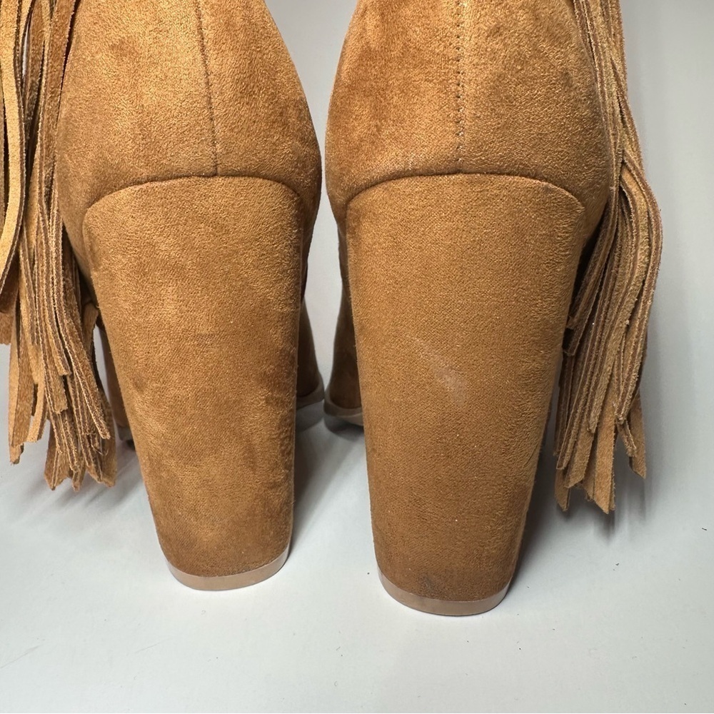 DV Dolce Vita Boots Womens 7.5 Fringe Booties Brown Leather Peep Toe Heeled Boho - Picture 12 of 12